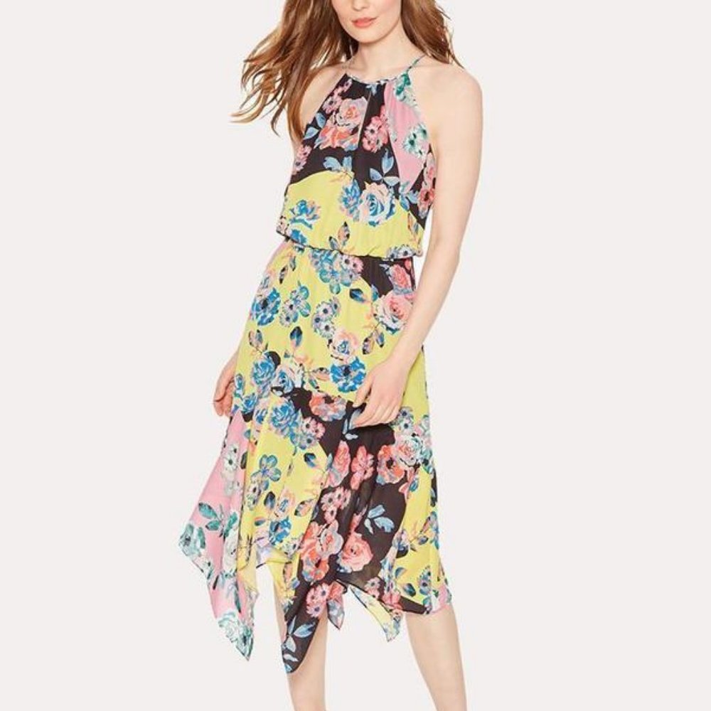 PARKER Floral Printed Halter Asymmetrical Midi Dress